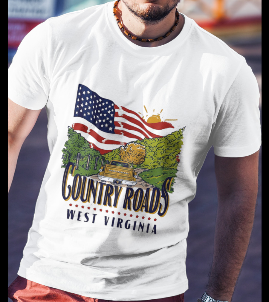 Country Roads West Virginia American USA Flag Vintage Truck Scenic Route T-Shirt