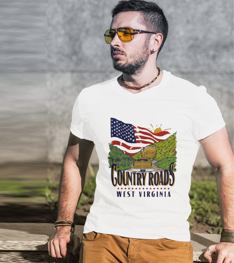 Country Roads West Virginia American USA Flag Vintage Truck Scenic Route T-Shirt