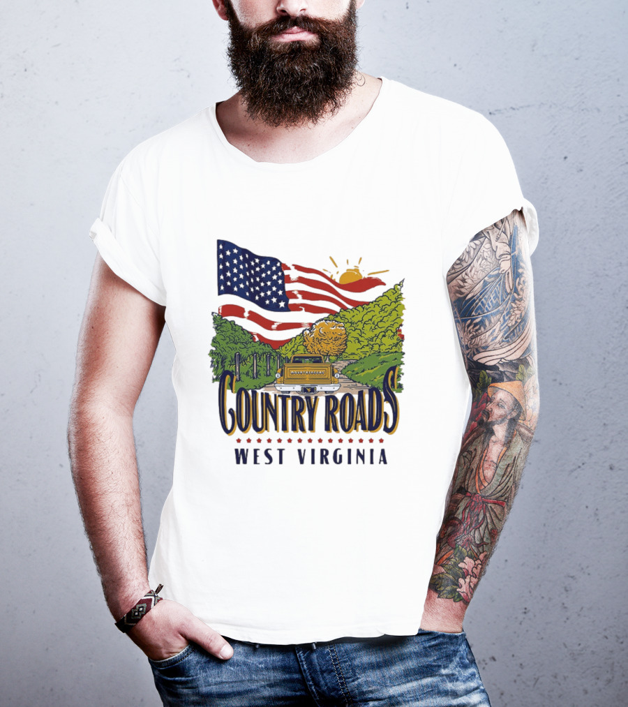 Country Roads West Virginia American USA Flag Vintage Truck Scenic Route T-Shirt