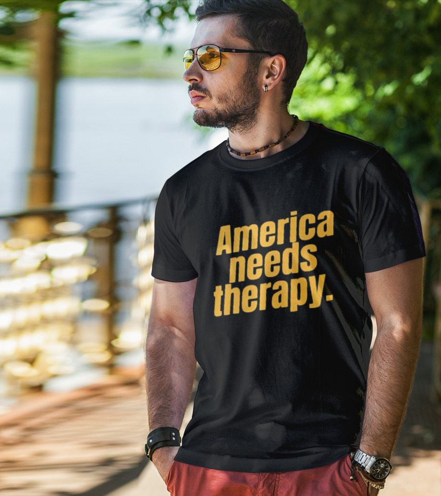 America Needs Therapy Brown Bold Yellow T-Shirt