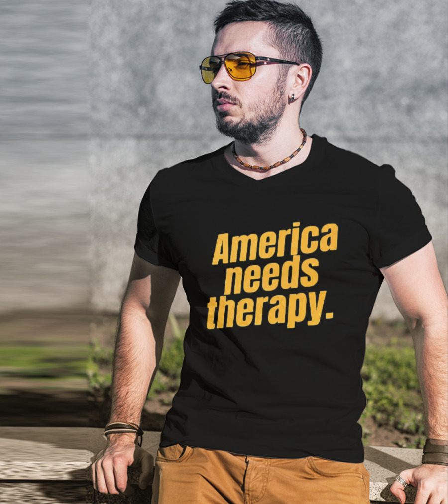 America Needs Therapy Brown Bold Yellow T-Shirt