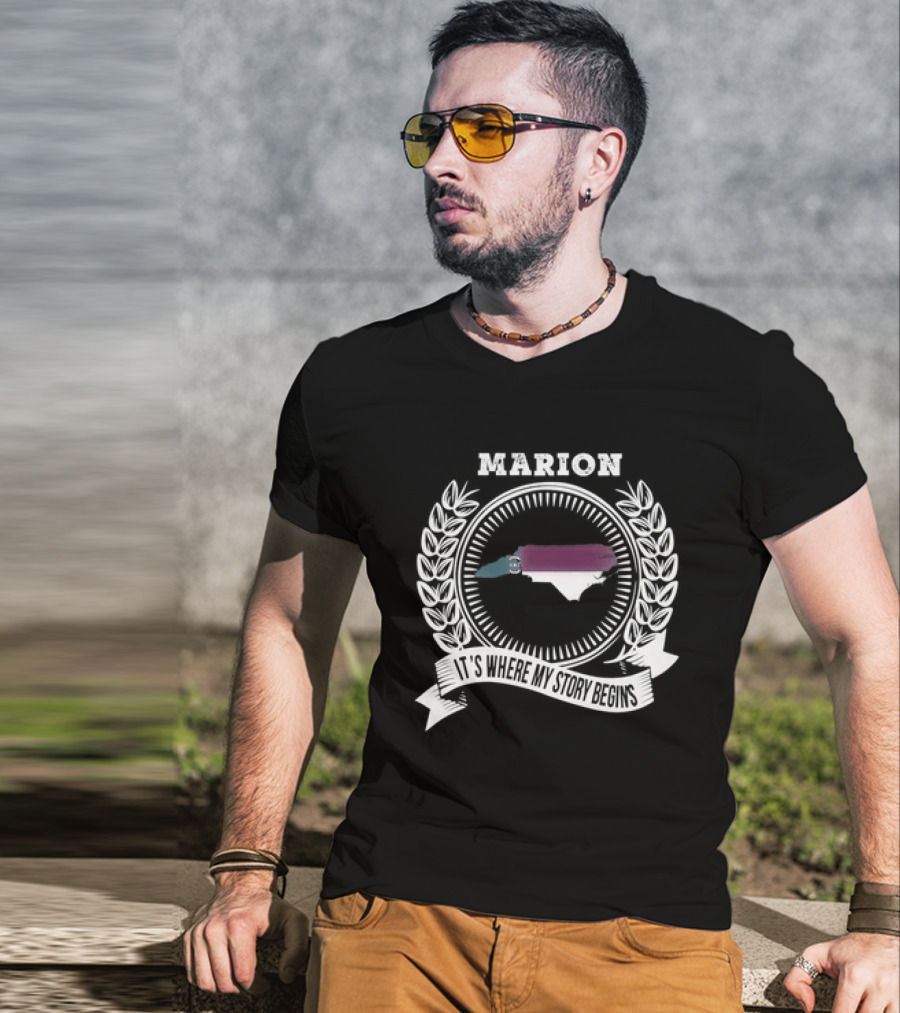 Marion It's Where My Story Begins Map With Laurel Wreath And Banner T-Shirt