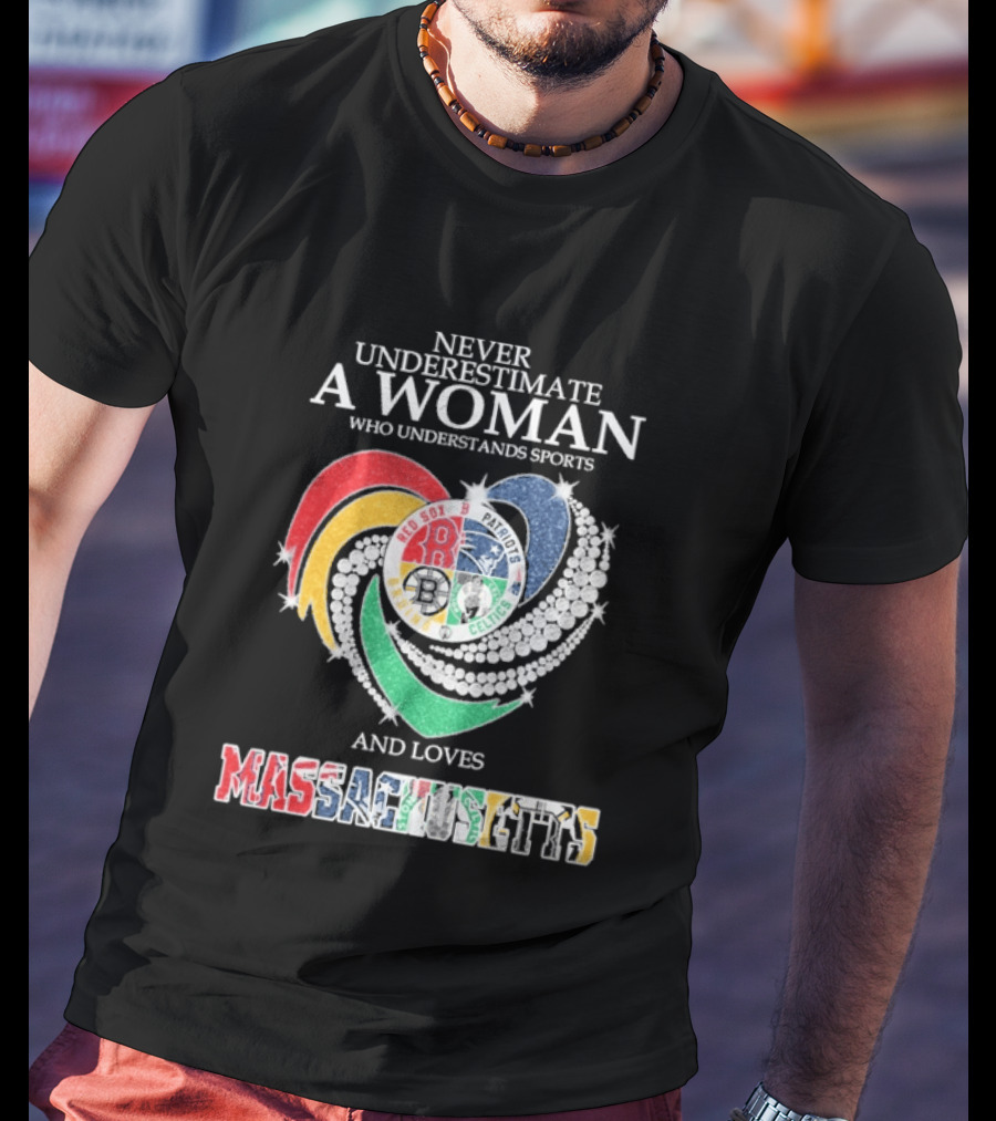 Never Underestimate A Woman Who Understands Boston Red Sox Celtics Patriots Bruins Sports Loves Massachusetts T-Shirt