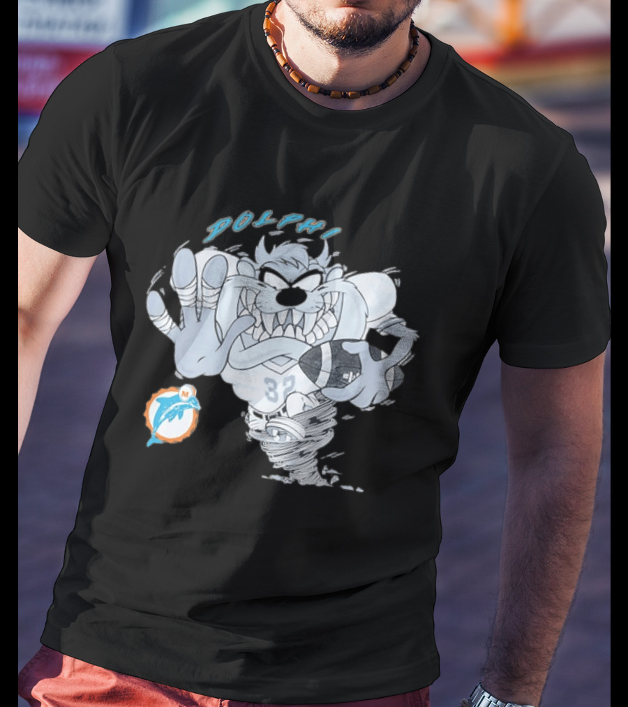 Taz Playing Football Miami Dolphins Whirlwind Sports Fan Gear T-Shirt