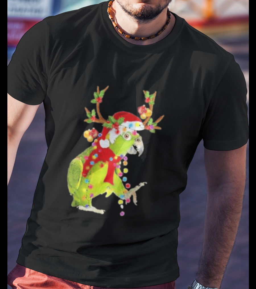 Festive Parrot Wearing Santa Hat And Reindeer Antlers T-Shirt