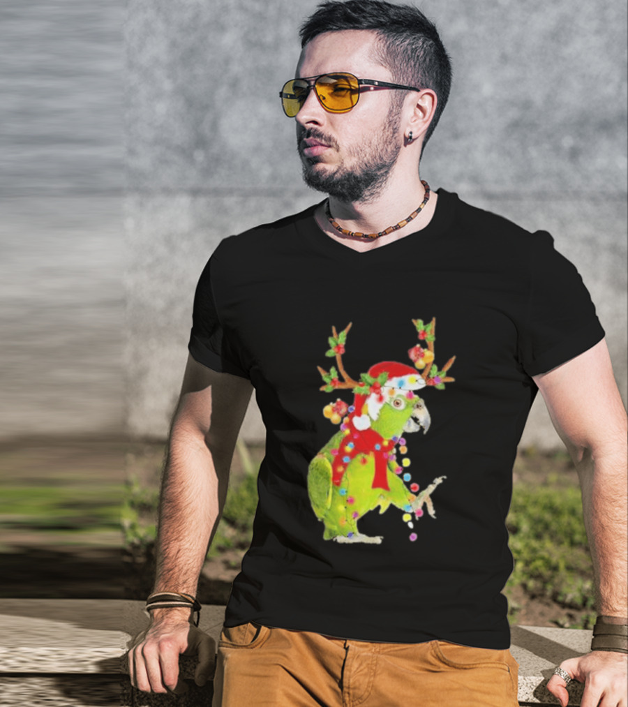 Festive Parrot Wearing Santa Hat And Reindeer Antlers T-Shirt