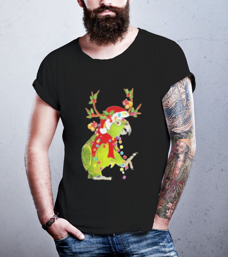 Festive Parrot Wearing Santa Hat And Reindeer Antlers T-Shirt