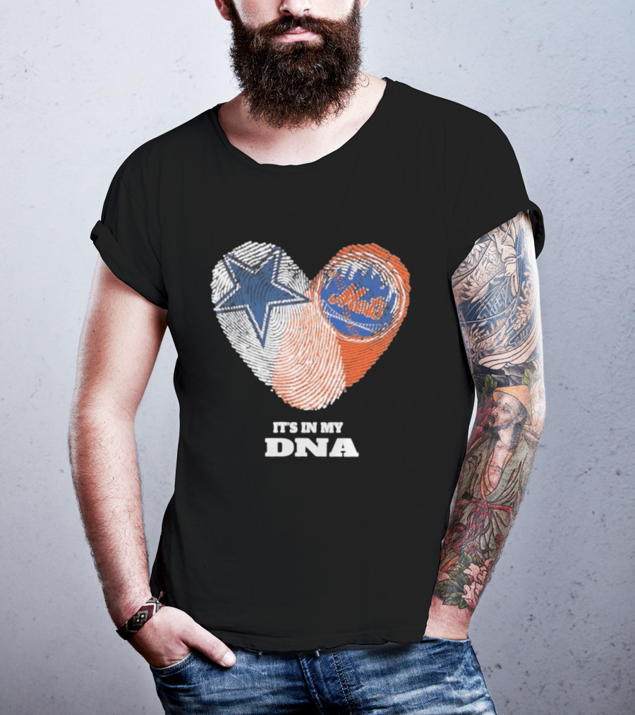 IT'S IN MY DNA Dallas Cowboys New York Mets Fan Fingerprint Heart T-Shirt