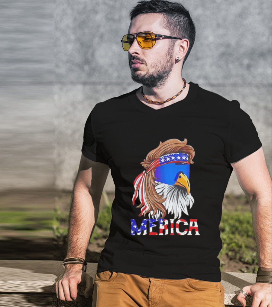 Patriotic Merica Bald Eagle Mullet Sunglasses USA Flag T-Shirt