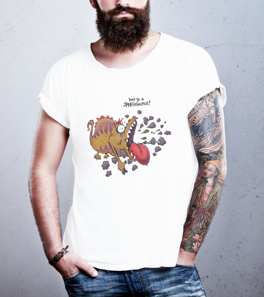 Buttoutz Don't Be A Smokeasaurus Smoking Dinosaur Cartoon Funny Anti Smoking Message T-Shirt