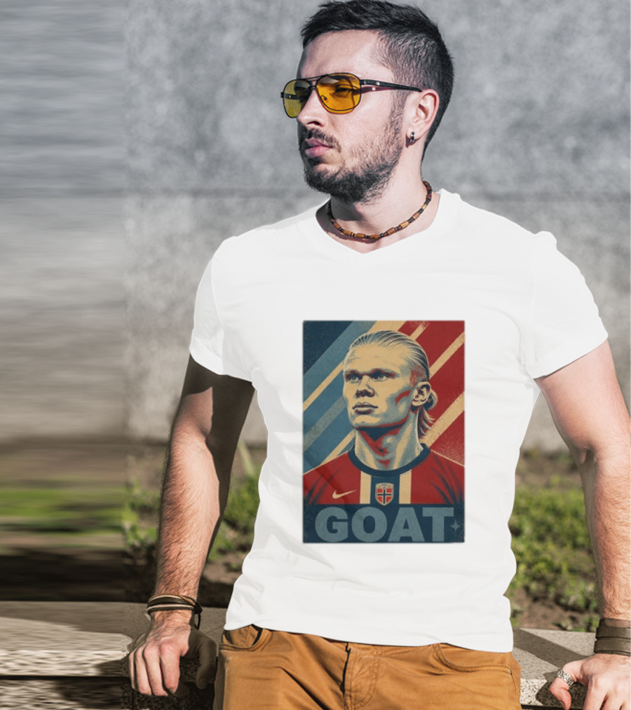 Erling Haaland G.O.A.T Norway Soccer Legend Iconic Red Blue Stripes T-Shirt