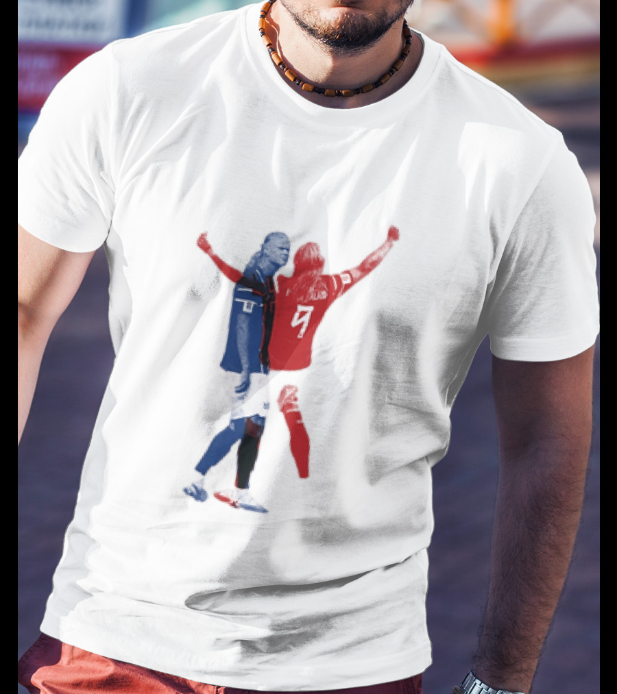 Erling Haaland Norway National Team Halftone Collage Blue And Red Number 9 T-Shirt