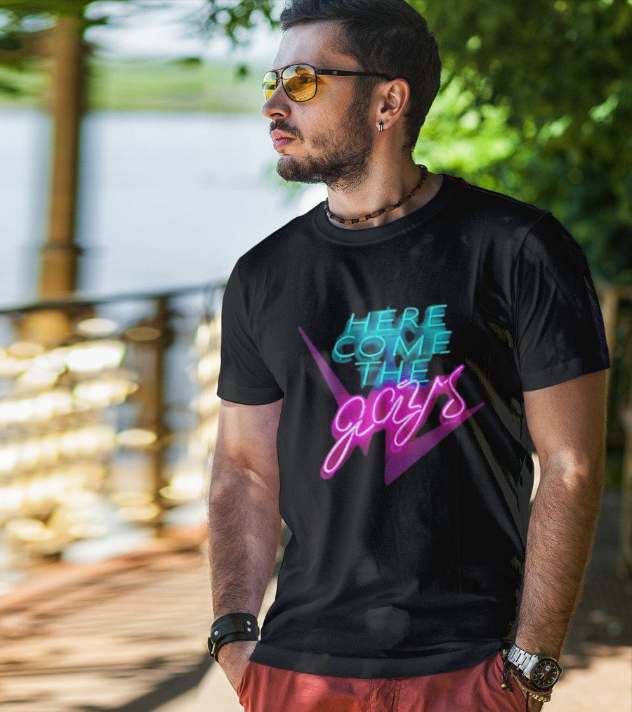 Here Come The Gays Neon Sign Vibrant LGBTQ+ Pride T-Shirt