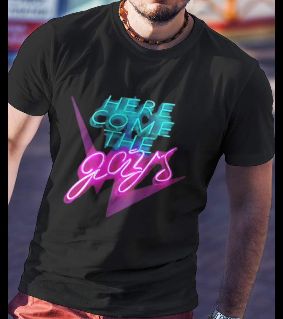 Here Come The Gays Neon Sign Vibrant LGBTQ+ Pride T-Shirt