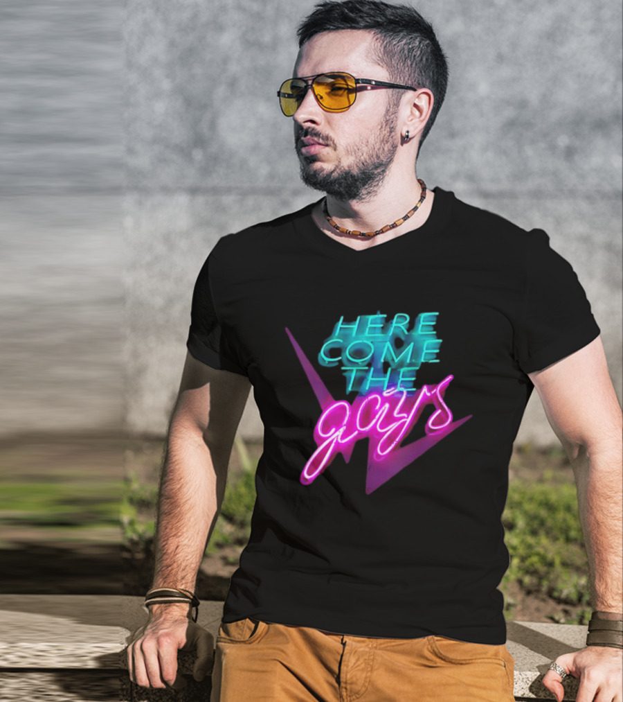Here Come The Gays Neon Sign Vibrant LGBTQ+ Pride T-Shirt