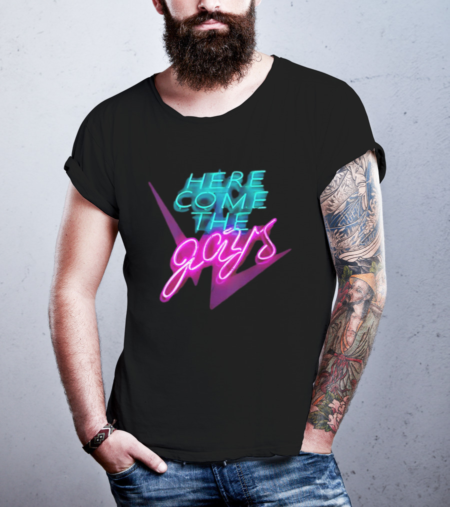 Here Come The Gays Neon Sign Vibrant LGBTQ+ Pride T-Shirt