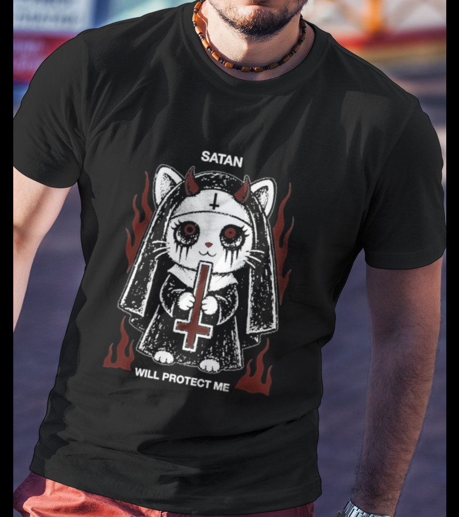Satan Will Protect Me Goth Cat Nun Dark Aesthetic Devil Horns Fiery Flames T-Shirt