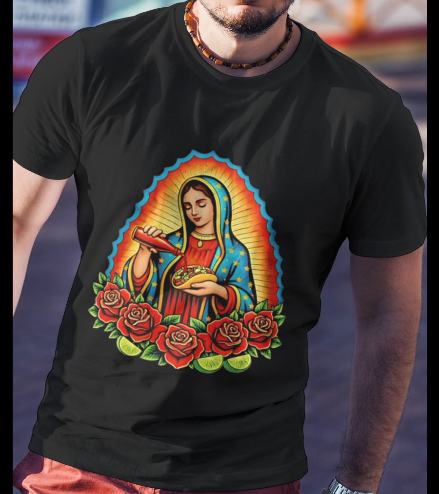 Virgen Maria With Taco And Hot Sauce Surrounded By Roses And Lime Slices T-Shirt
