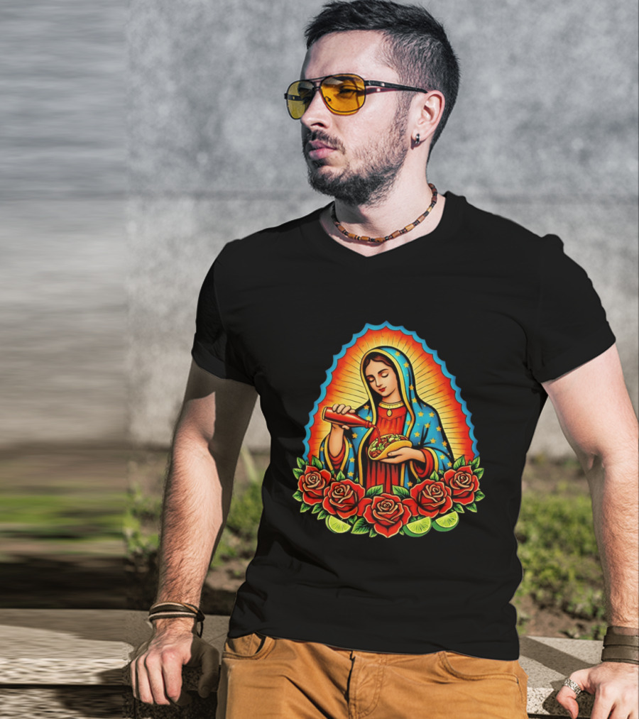Virgen Maria With Taco And Hot Sauce Surrounded By Roses And Lime Slices T-Shirt