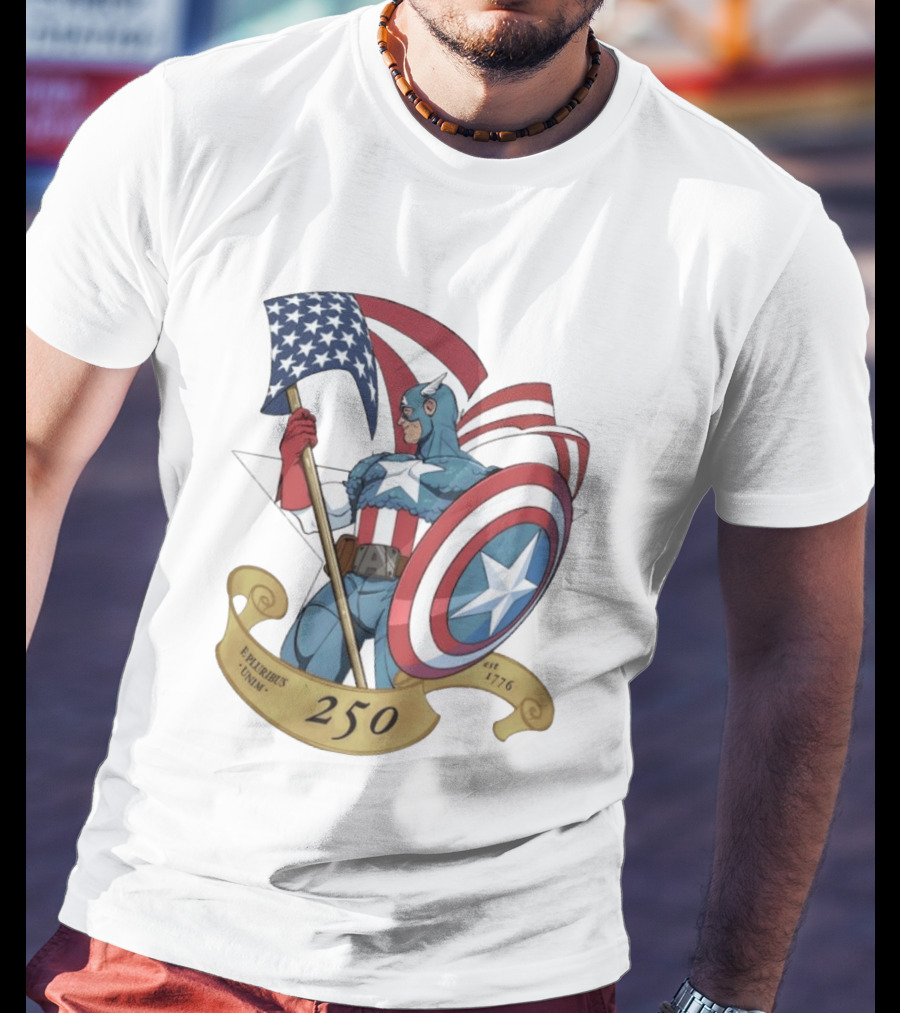 Captain America Marvel 250 E Pluribus Unum EST 1776 Patriotic Hero Shield American Flag T-Shirt