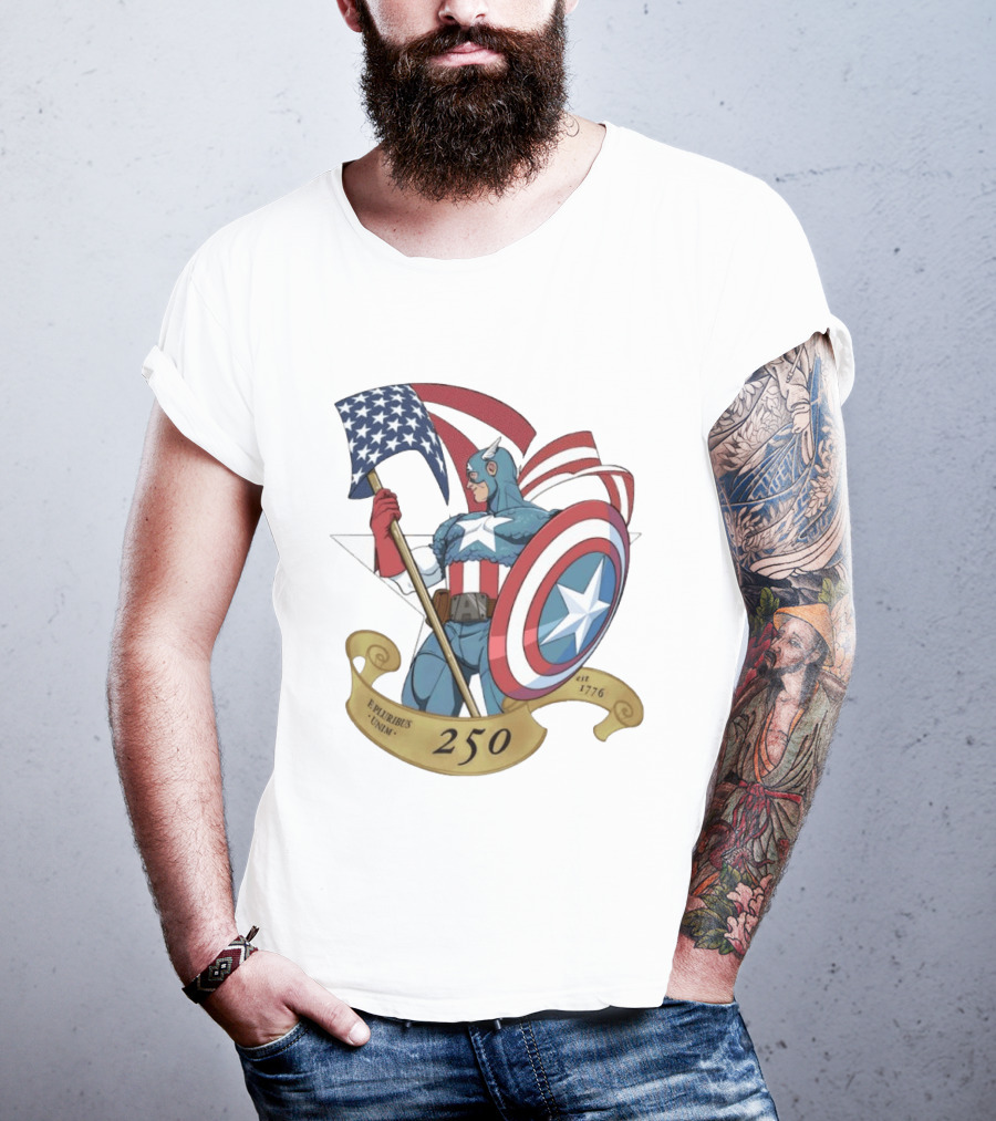 Captain America Marvel 250 E Pluribus Unum EST 1776 Patriotic Hero Shield American Flag T-Shirt