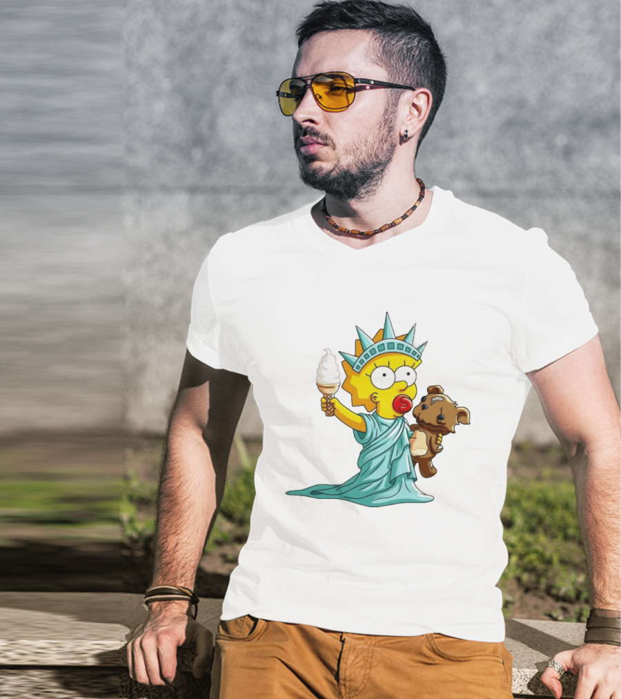 Statue Of Liberty Baby With Ice Cream And Teddy Bear Cartoon T-Shirt
