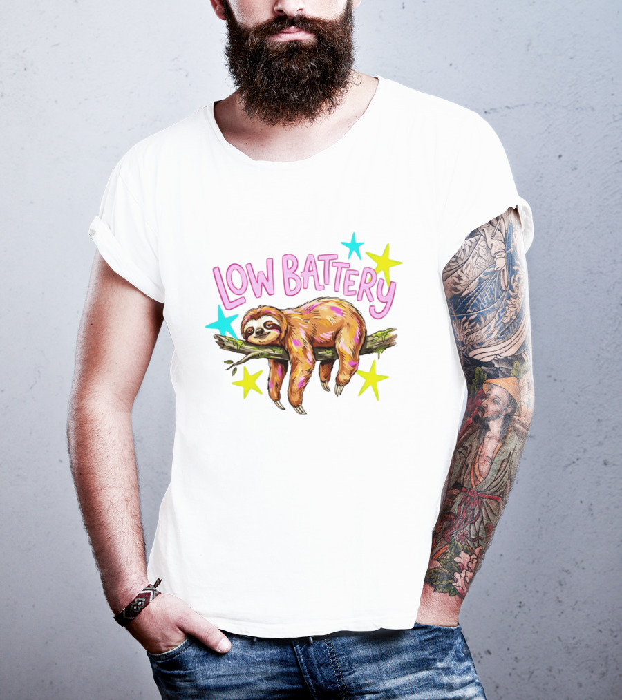 Lazy Sloth Low Battery Tired Animal With Colorful Stars T-Shirt