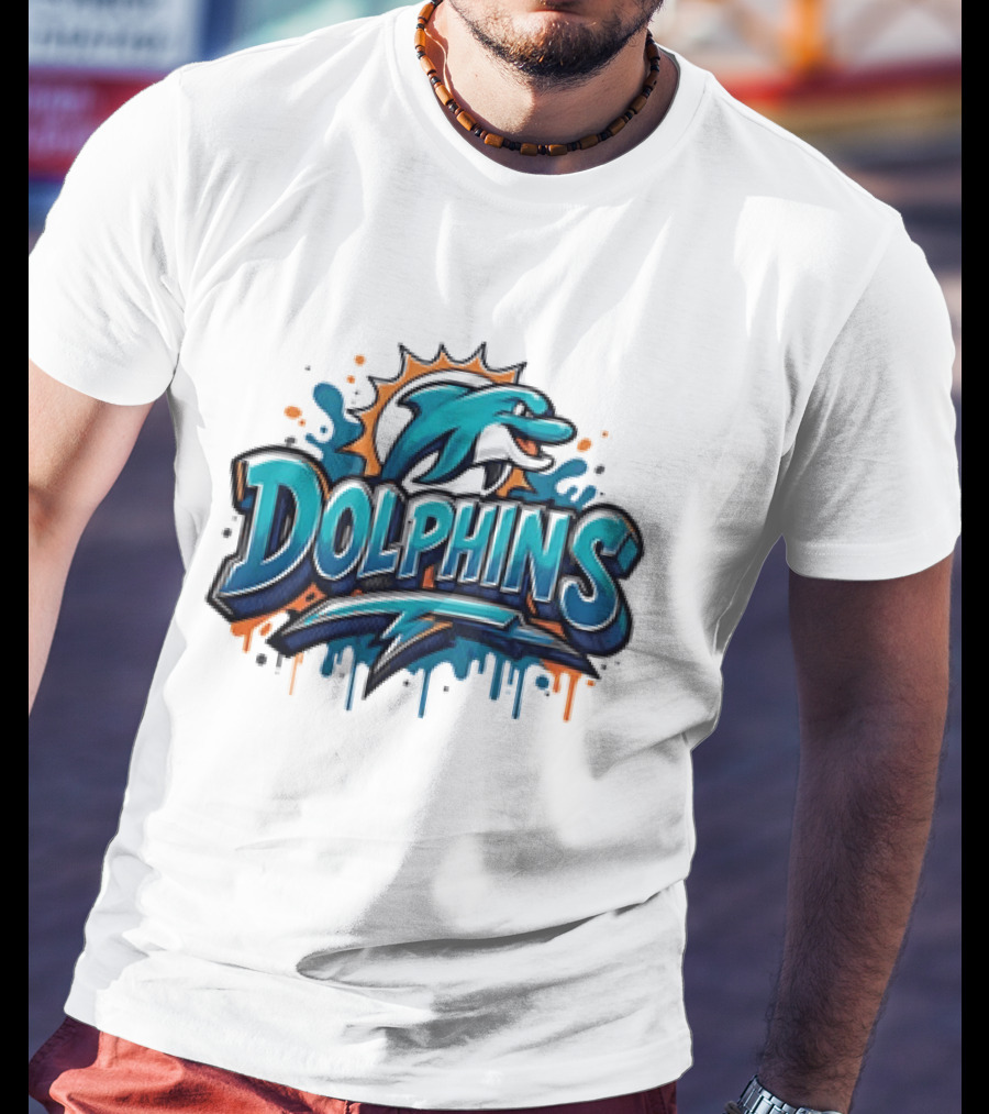 Miami Dolphins Graffiti Football Dolphins Splash Blue Orange T-Shirt