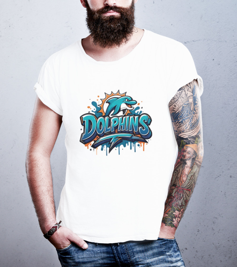 Miami Dolphins Graffiti Football Dolphins Splash Blue Orange T-Shirt