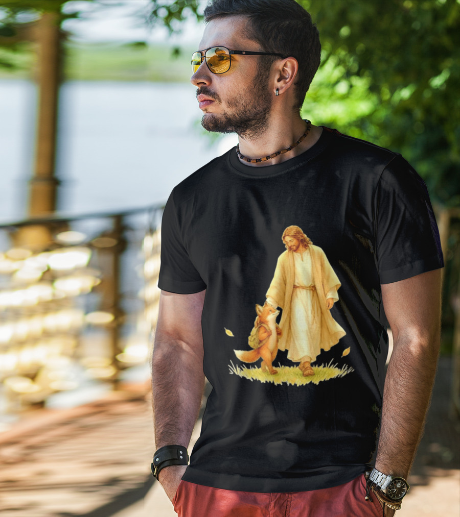 Jesus Christ And Fox Companion With Backpack In Nature Scene T-Shirt