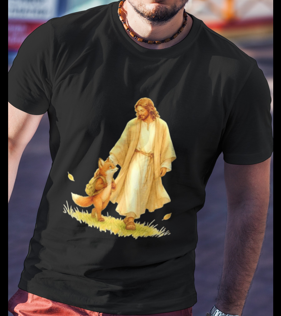 Jesus Christ And Fox Companion With Backpack In Nature Scene T-Shirt