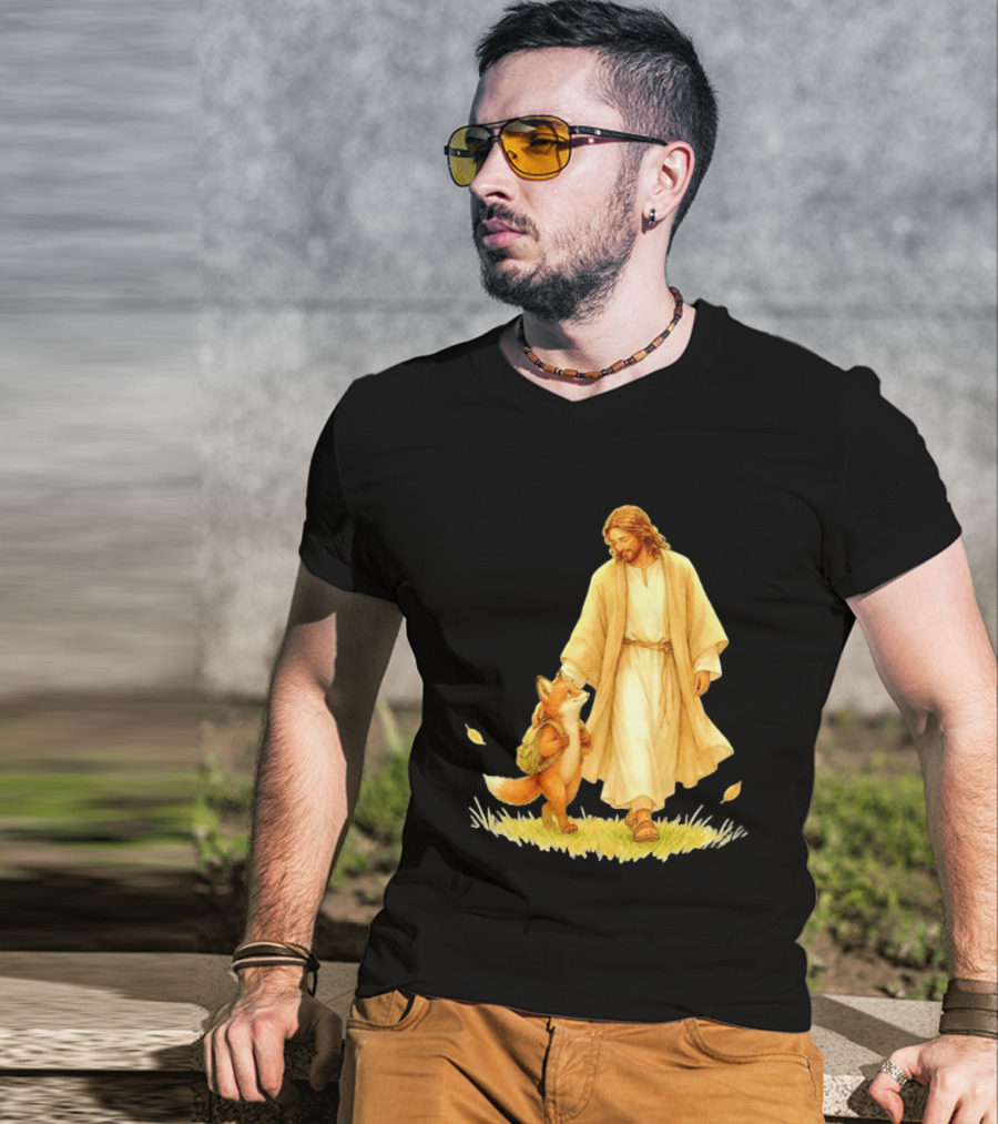 Jesus Christ And Fox Companion With Backpack In Nature Scene T-Shirt