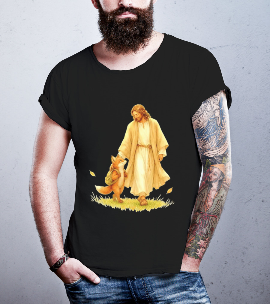 Jesus Christ And Fox Companion With Backpack In Nature Scene T-Shirt
