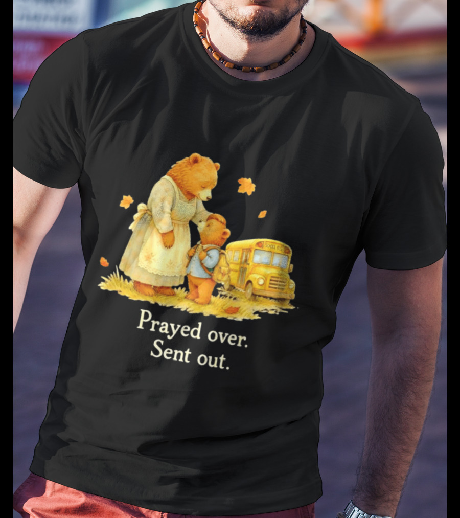 Mama Bear And Cub School Bus Prayed Over Sent Out Back To School Autumn Scene T-Shirt