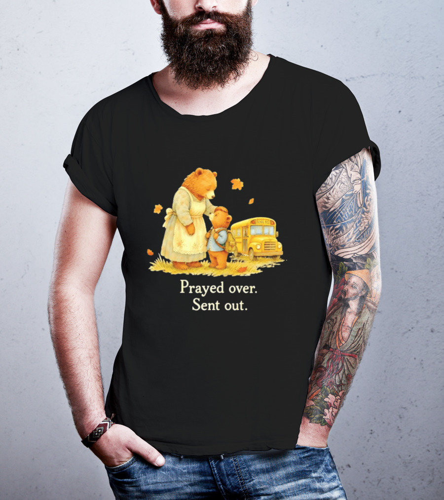 Mama Bear And Cub School Bus Prayed Over Sent Out Back To School Autumn Scene T-Shirt