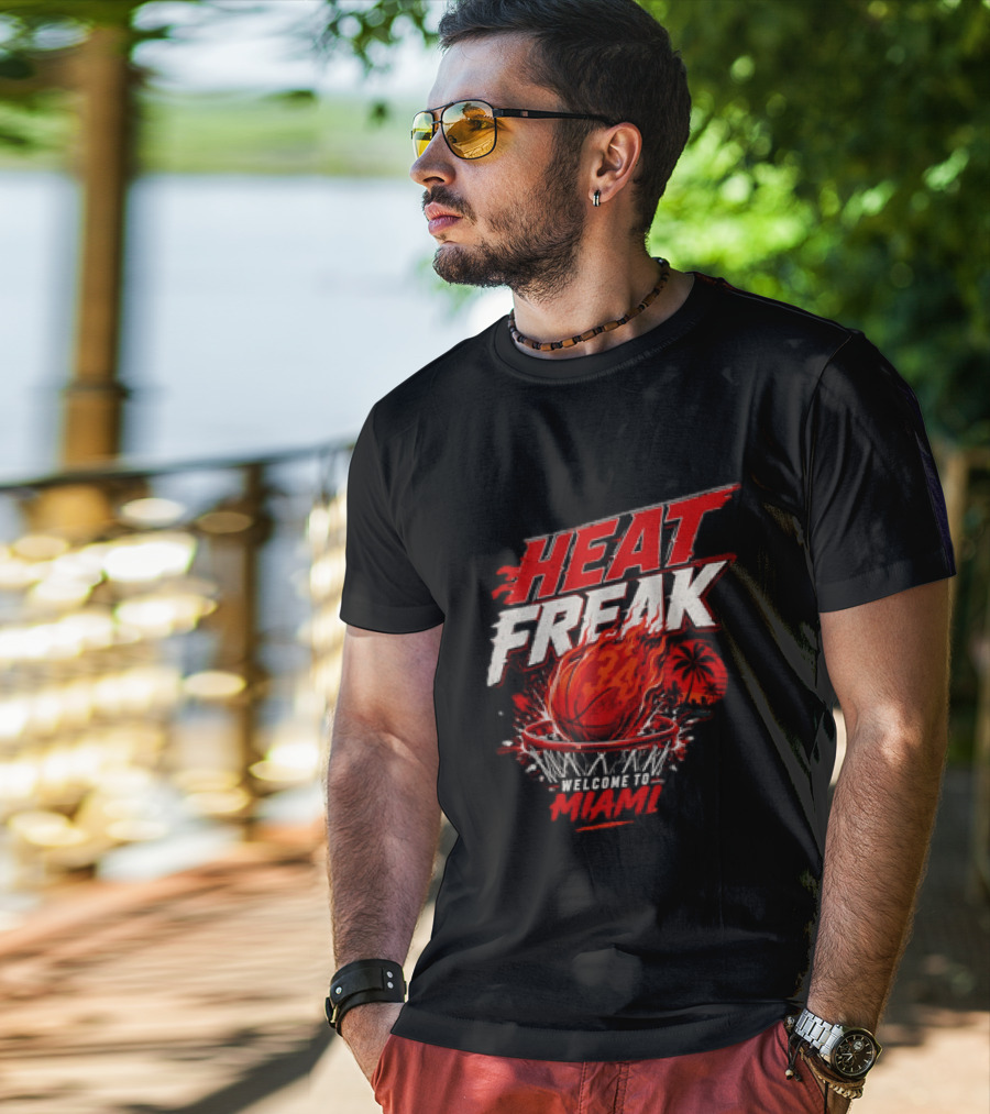 Heat Freak Welcome To Miami Basketball Flame Palm 34 T-Shirt