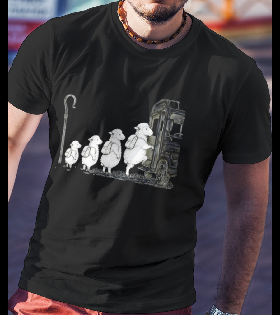 Sheep Boarding School Bus With Shepherd Staff Learning Journey T-Shirt