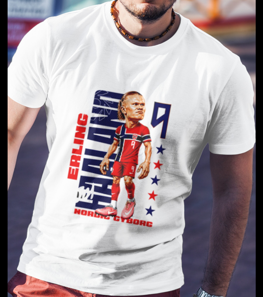 Erling Haaland No 9 Nordic Cyborg Stars And Stripes Caricature T-Shirt