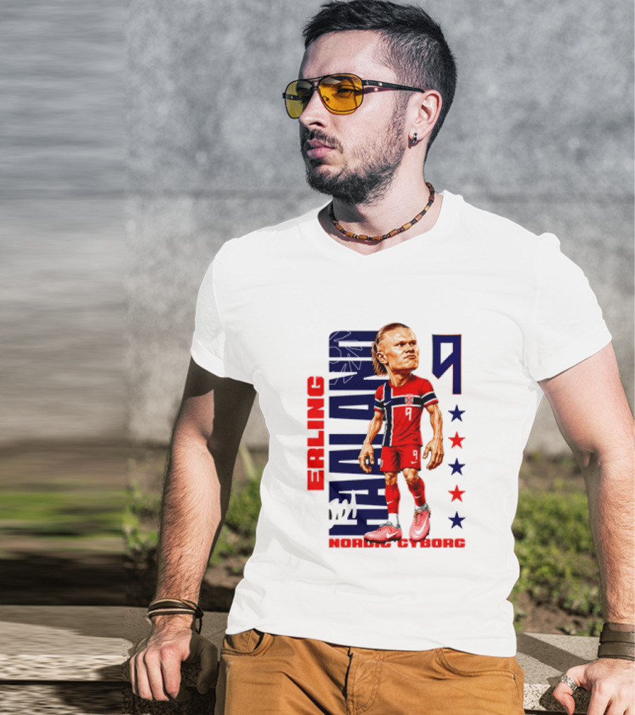 Erling Haaland No 9 Nordic Cyborg Stars And Stripes Caricature T-Shirt