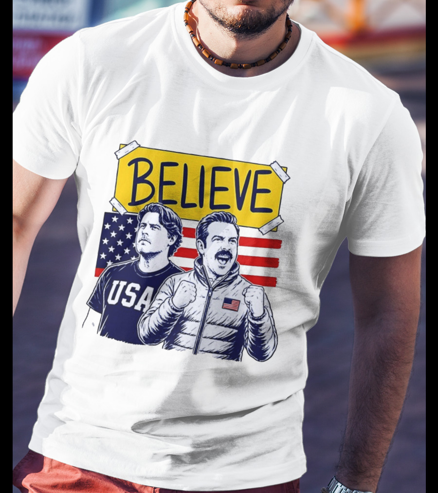 Ted Lasso Coach Beard Believe USA American Flag Scene T-Shirt