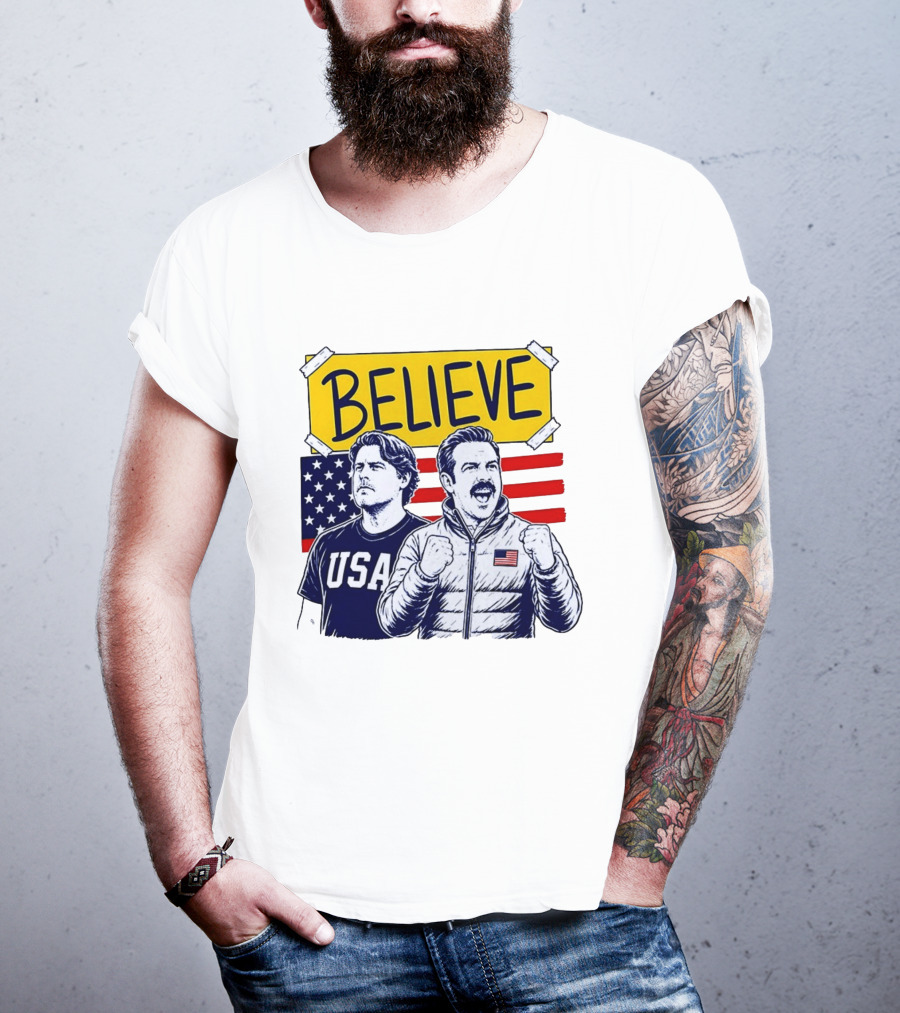 Ted Lasso Coach Beard Believe USA American Flag Scene T-Shirt