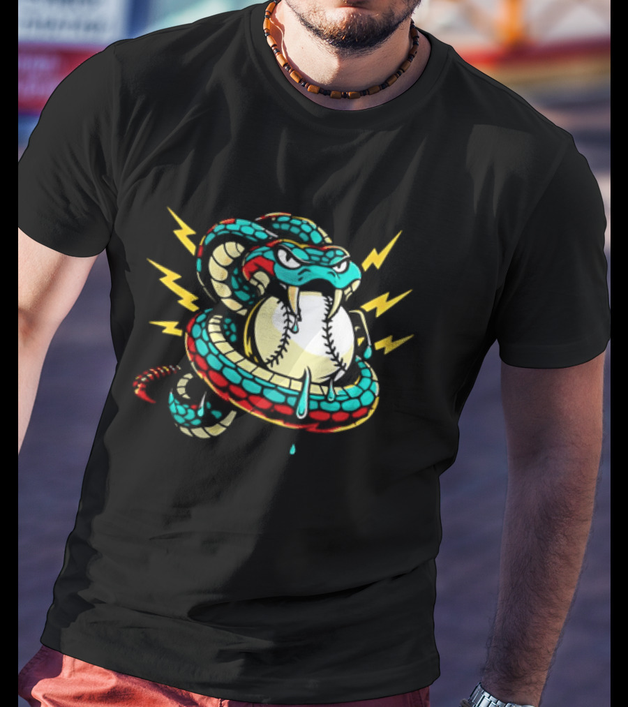 Snake Wrapped Around Baseball Surrounded By Lightning Strikes T-Shirt