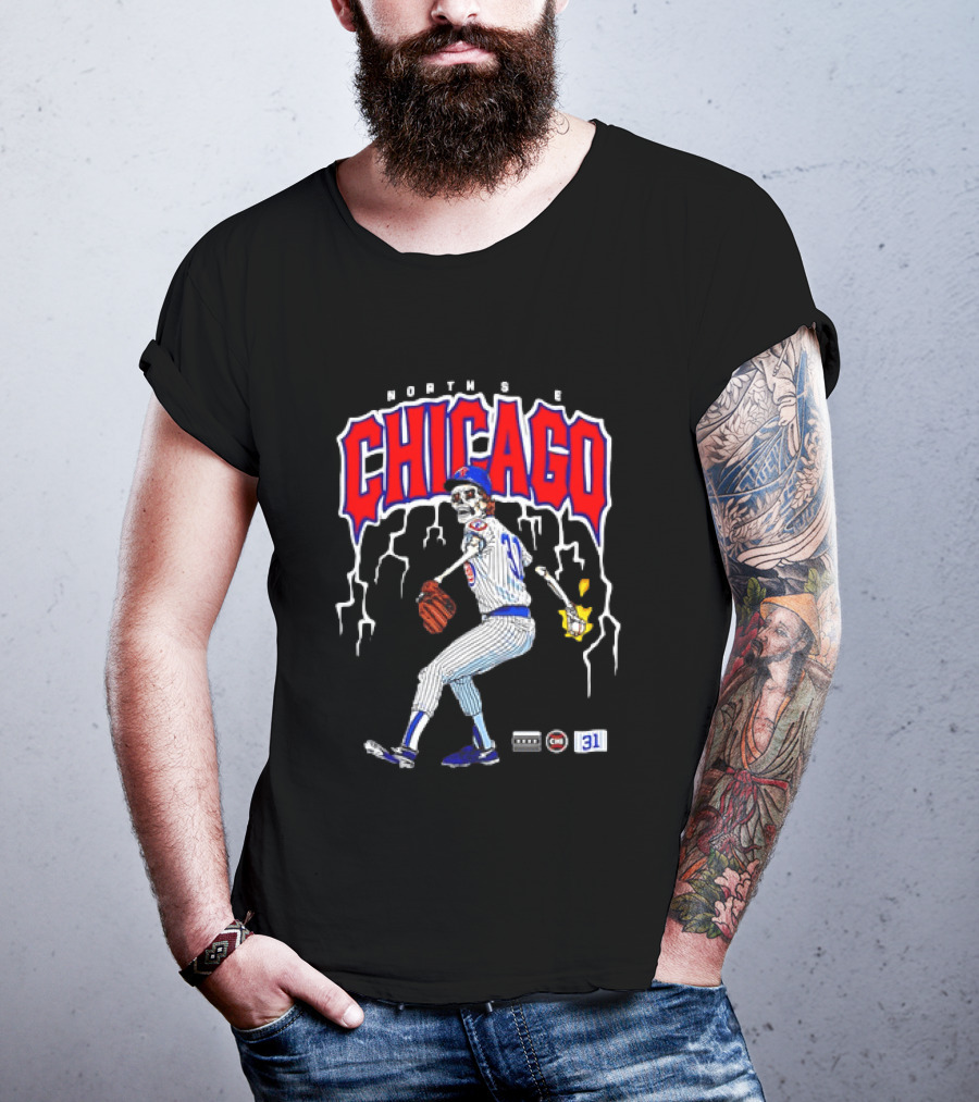 North Side Chicago Skeleton Pitcher CHI 31 Baseball T-Shirt