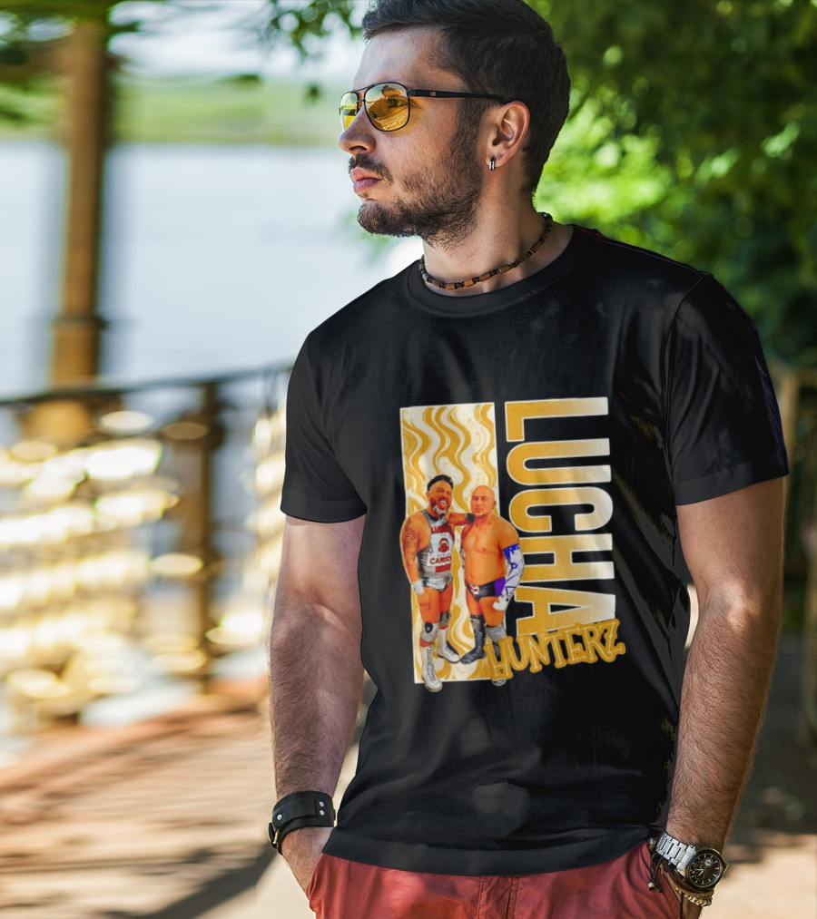 Lucha Hunterz Wrestlers Duo With Llamas And Gold Accents T-Shirt