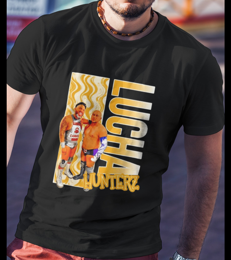Lucha Hunterz Wrestlers Duo With Llamas And Gold Accents T-Shirt