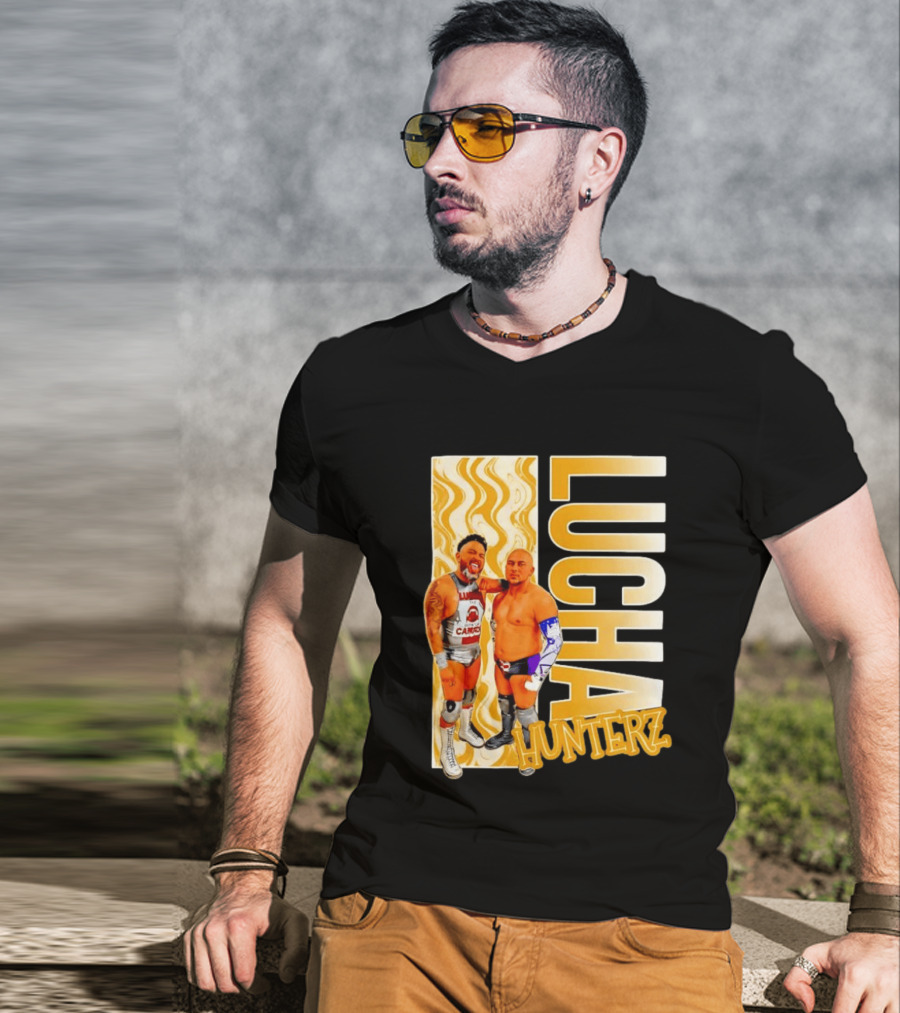 Lucha Hunterz Wrestlers Duo With Llamas And Gold Accents T-Shirt