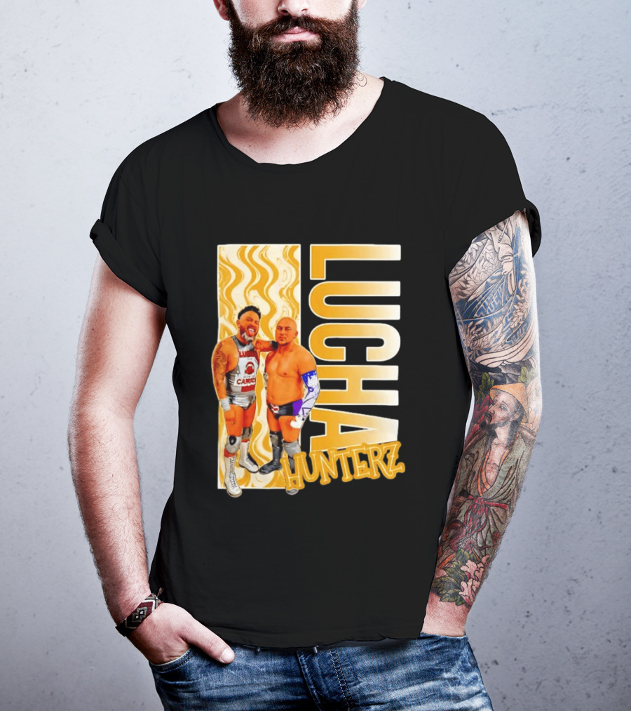 Lucha Hunterz Wrestlers Duo With Llamas And Gold Accents T-Shirt