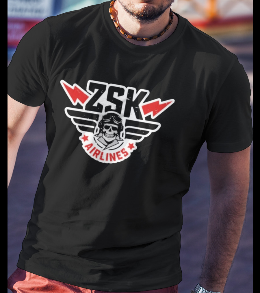 ZSK Airlines Skull Pilot Wings With Red Lightning Bolts And Stars T-Shirt
