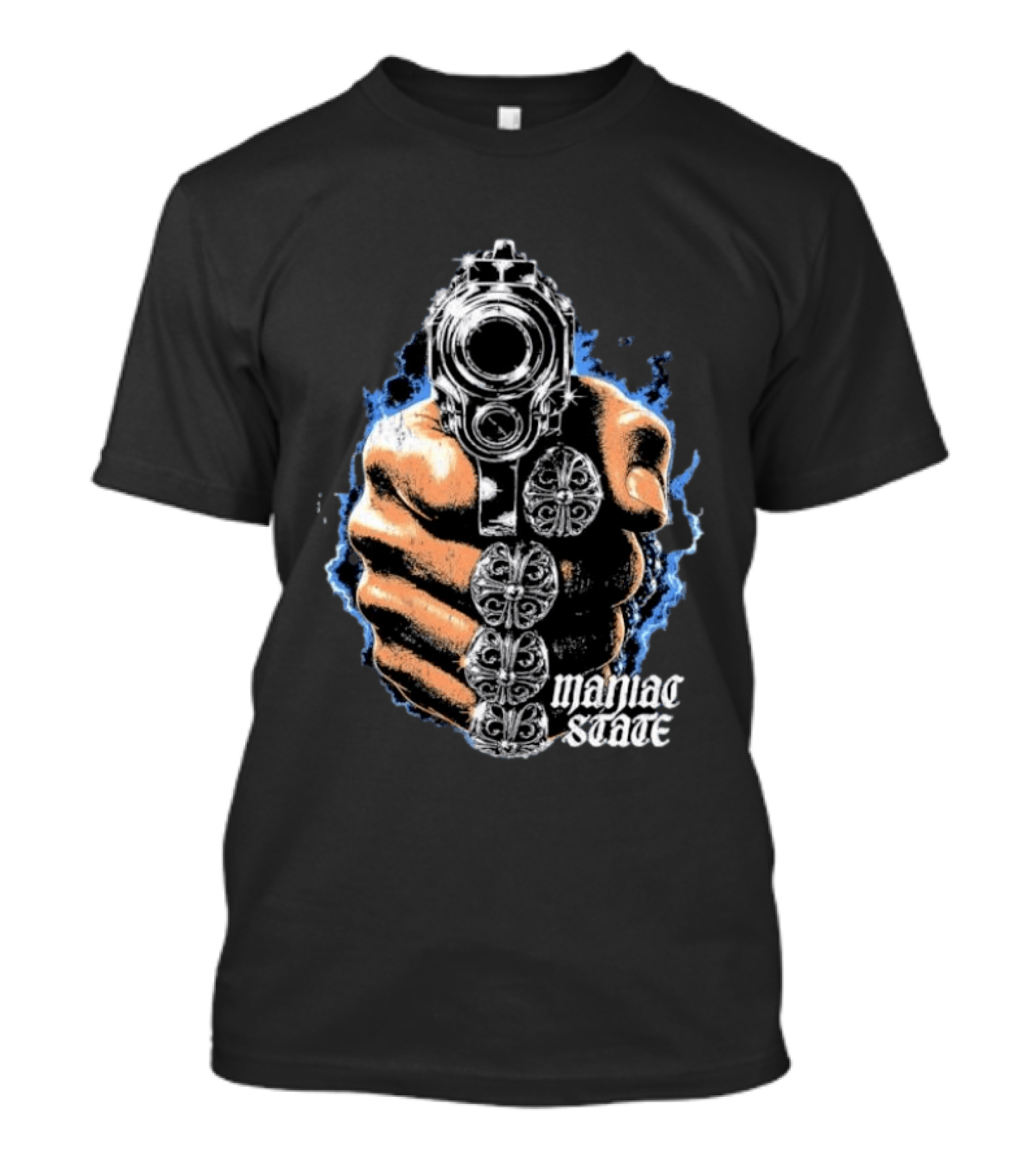 Maniac State Handgun Fist Chrome Cross Rings T-Shirt