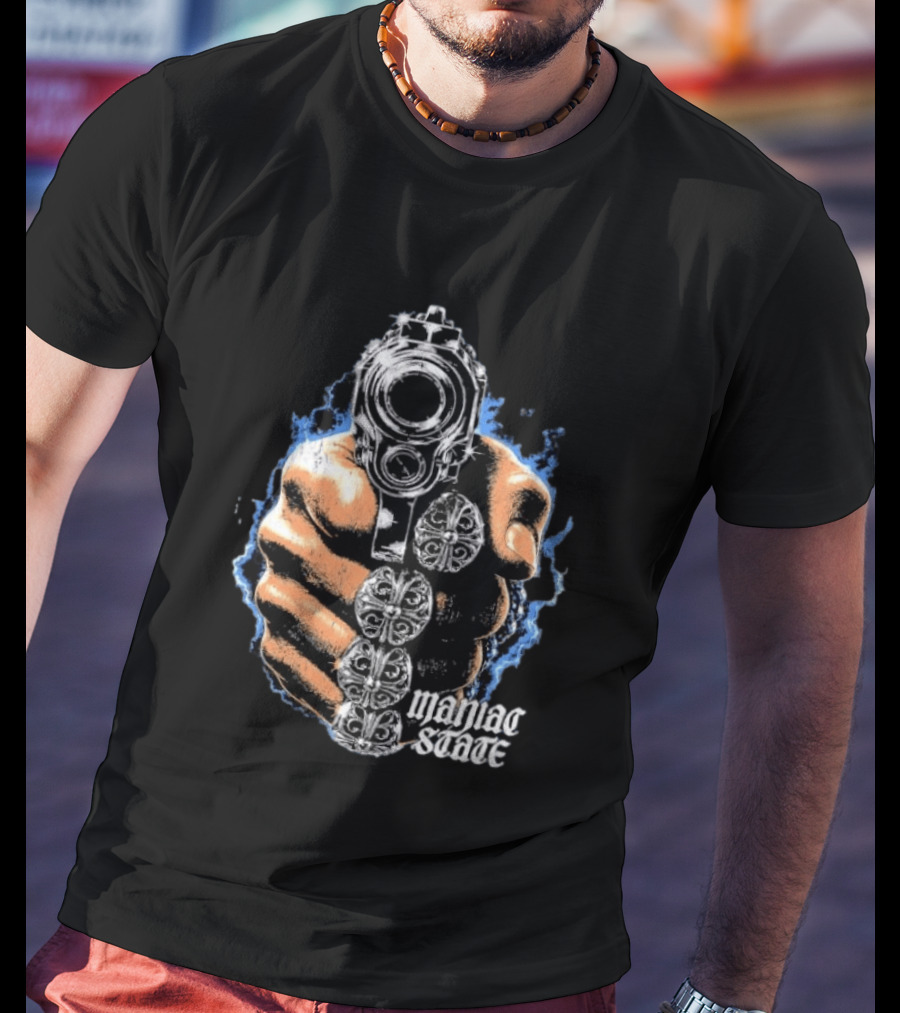 Maniac State Handgun Fist Chrome Cross Rings T-Shirt